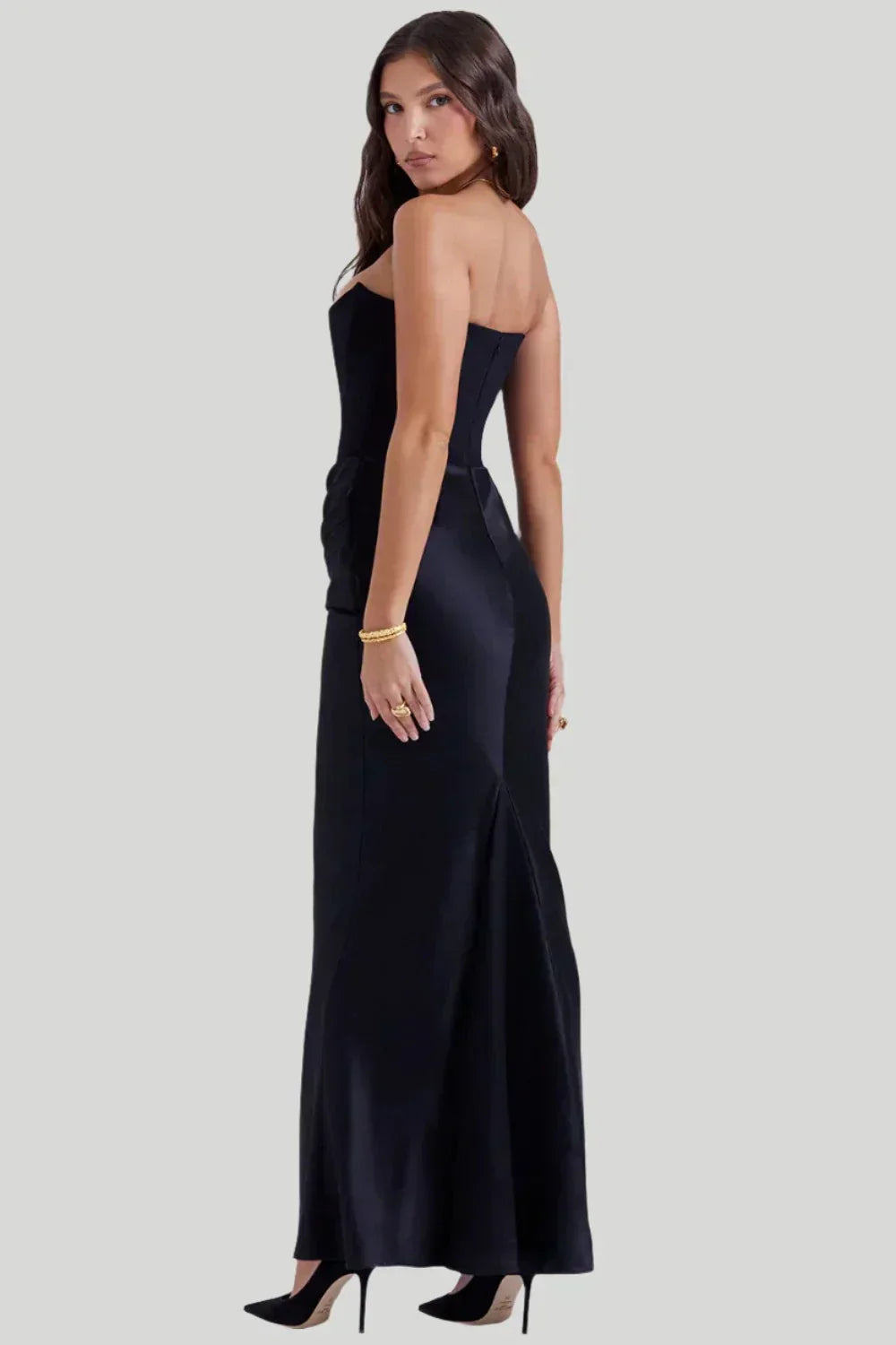Women’s Maxi Dress – Strapless Fit – Satin-Like Fabric – Draped Silhouette – Formal Wear