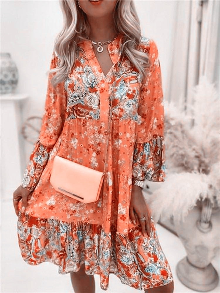 Women's Bohemian Dress - Long Sleeve - Floral Print - Button-Up - Tiered Design