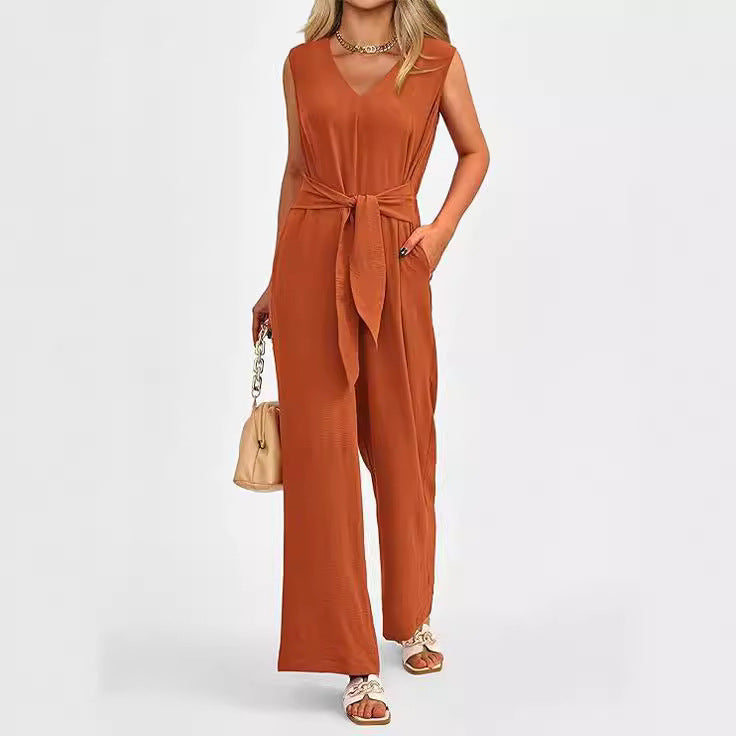 Women's Jumpsuit - V-Neck with Tie Waist - Elegant Wide-Leg Design