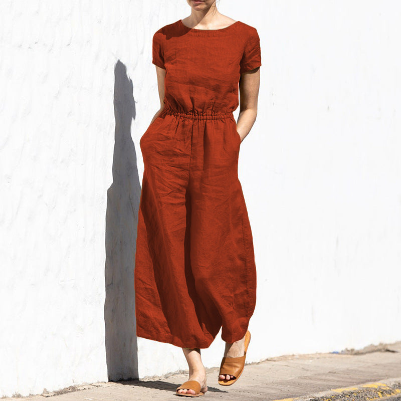 Women's Casual Wide-Leg Jumpsuit - Elastic Waist - Short Sleeve - Summer Style