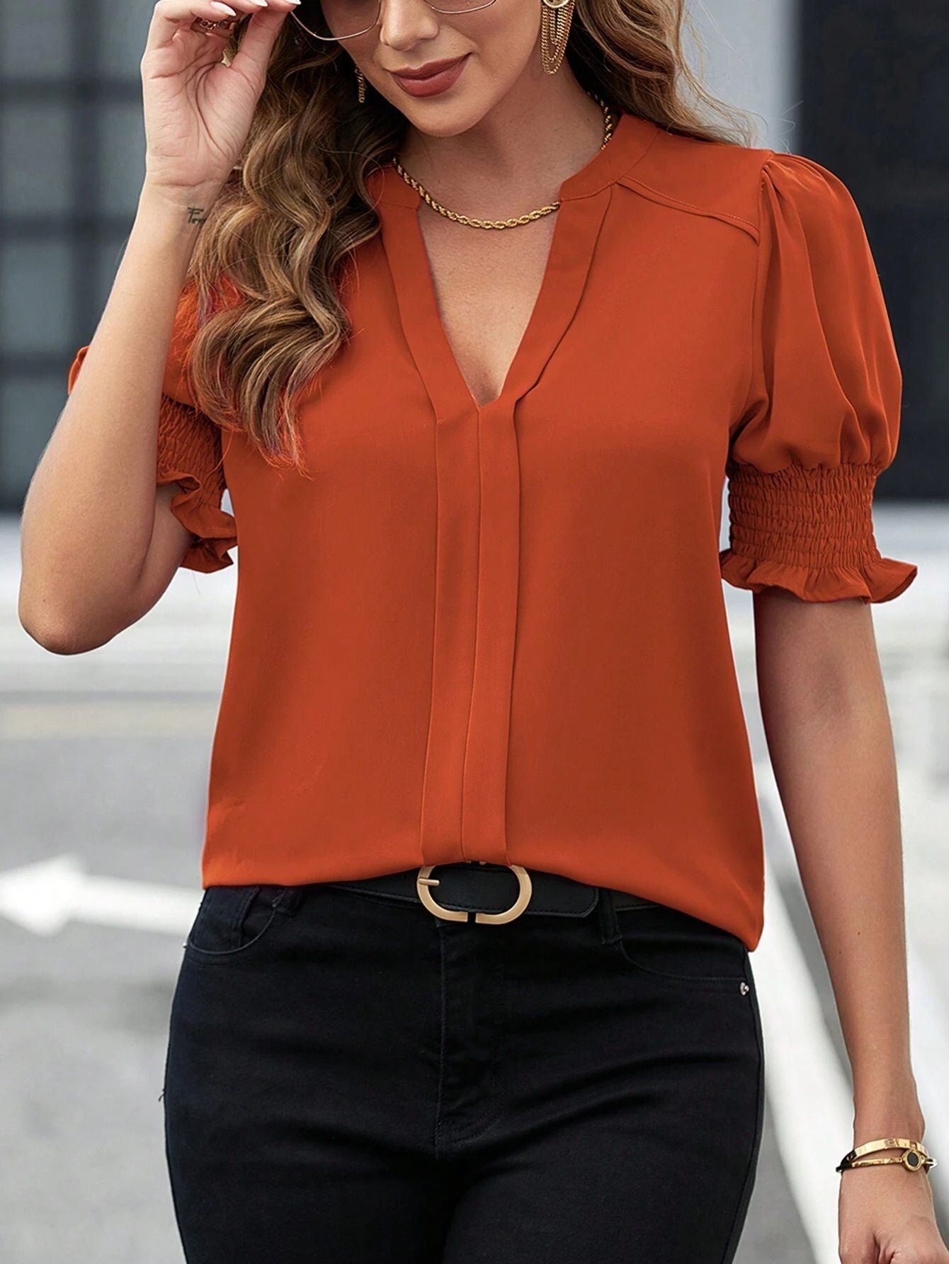 Women's Blouse - V-Neck - Short Ruched Sleeves - Relaxed Fit - Versatile Casual Wear