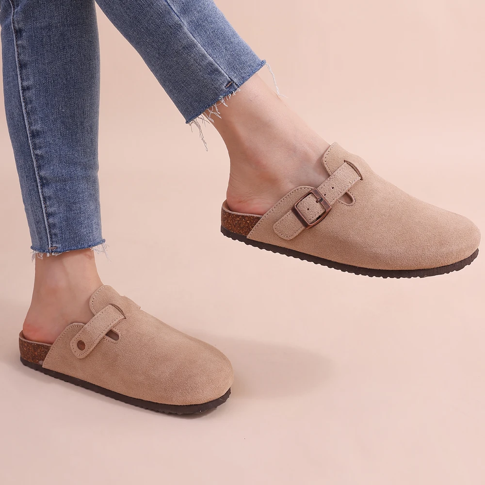 Slip-on mule slippers with adjustable buckle for women