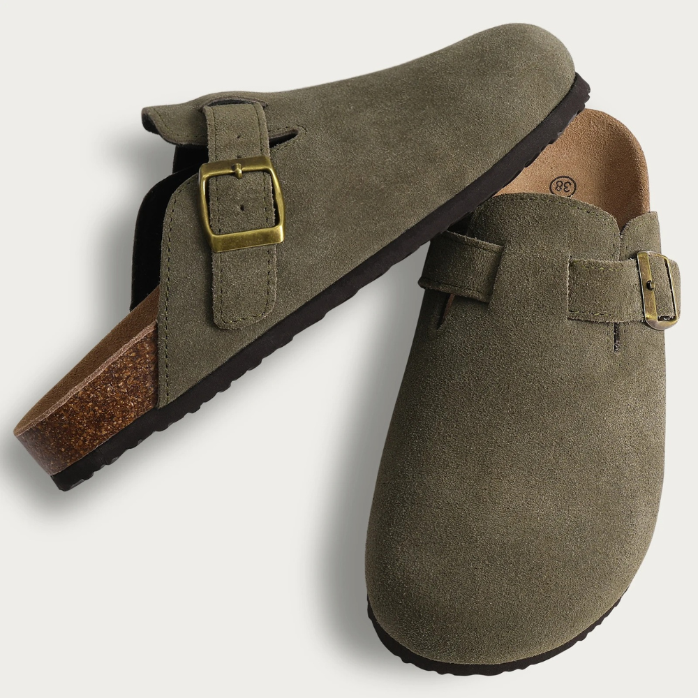 Slip-on mule slippers with adjustable buckle for women