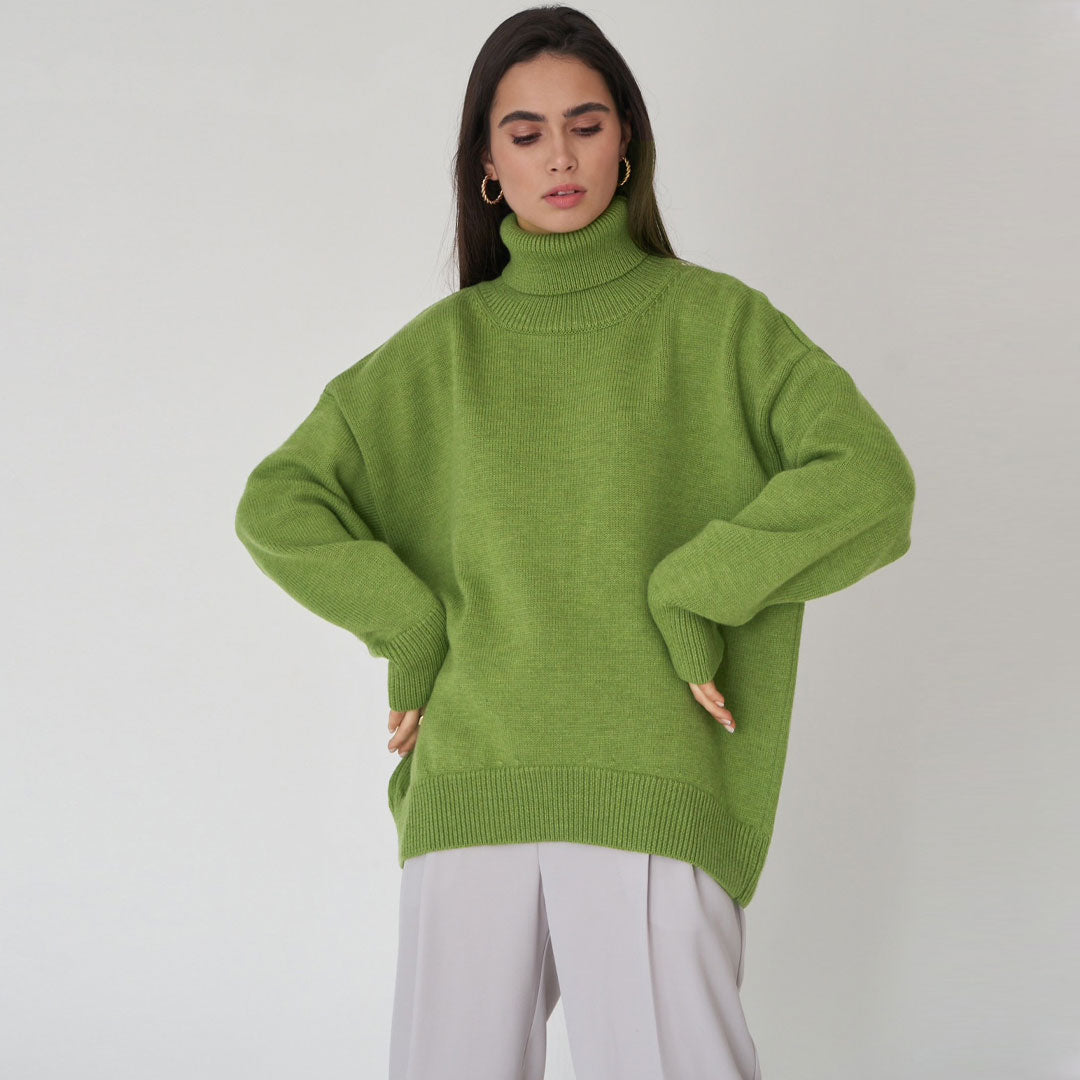 Women’s Sweater – Oversized Fit – Wool Knit – Ribbed Turtleneck – Drop Shoulder