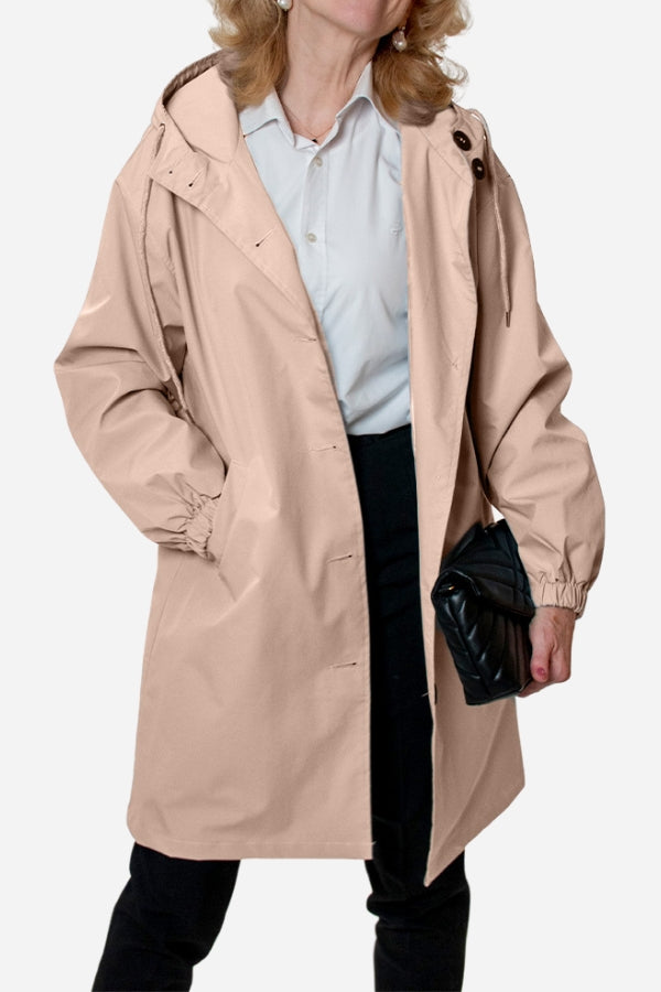 Women's casual mid-length hooded windbreaker jacket