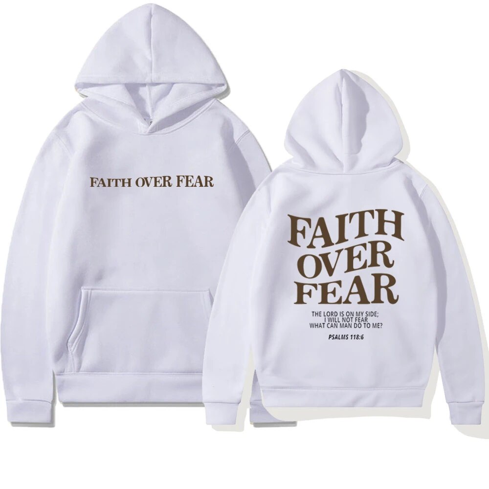 Women's drop shoulder hoodie with 'Faith Over Fear' back print