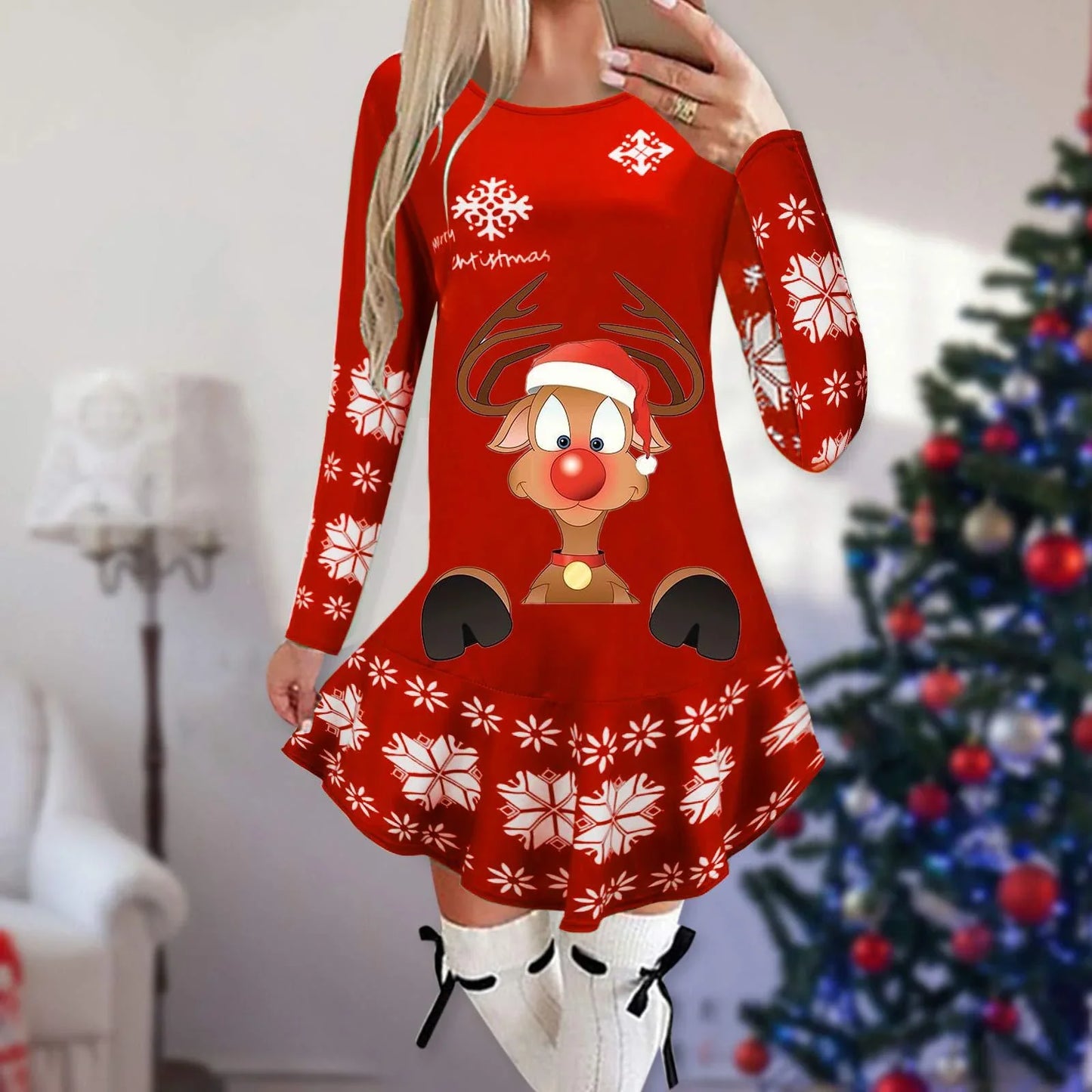 Women's Holiday Dress - Long Sleeve - Reindeer Graphic - Soft Stretch Fabric