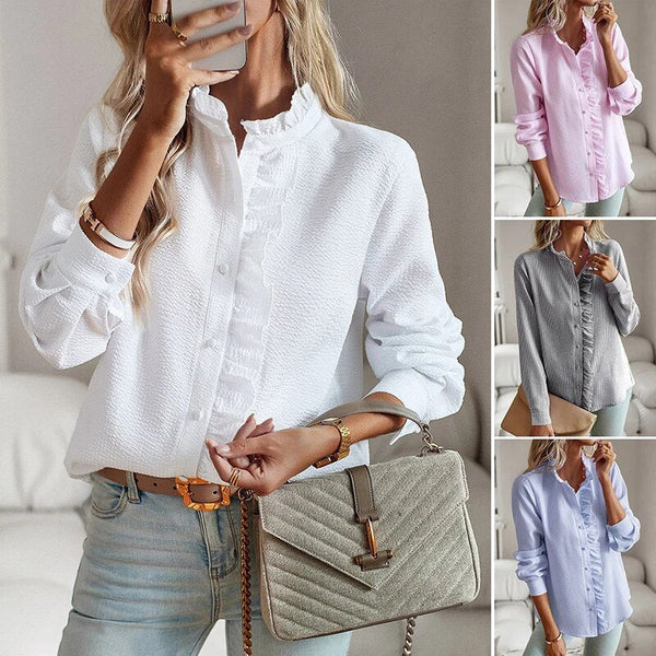Women's striped long sleeve pleated single breasted shirt