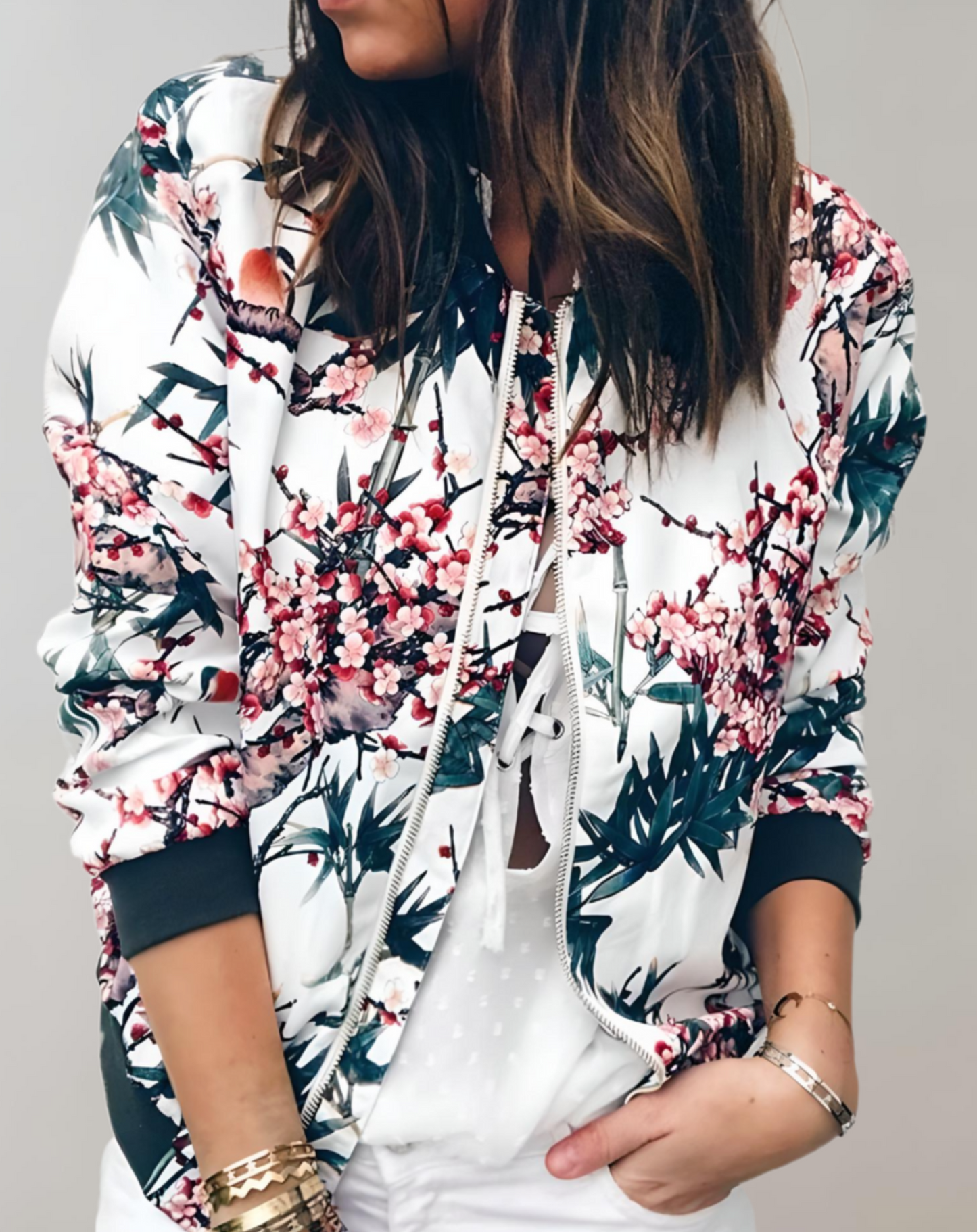 Women’s floral print jacket with short sleeves