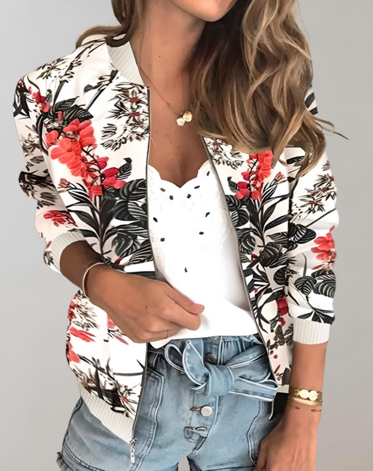 Women’s floral print jacket with short sleeves