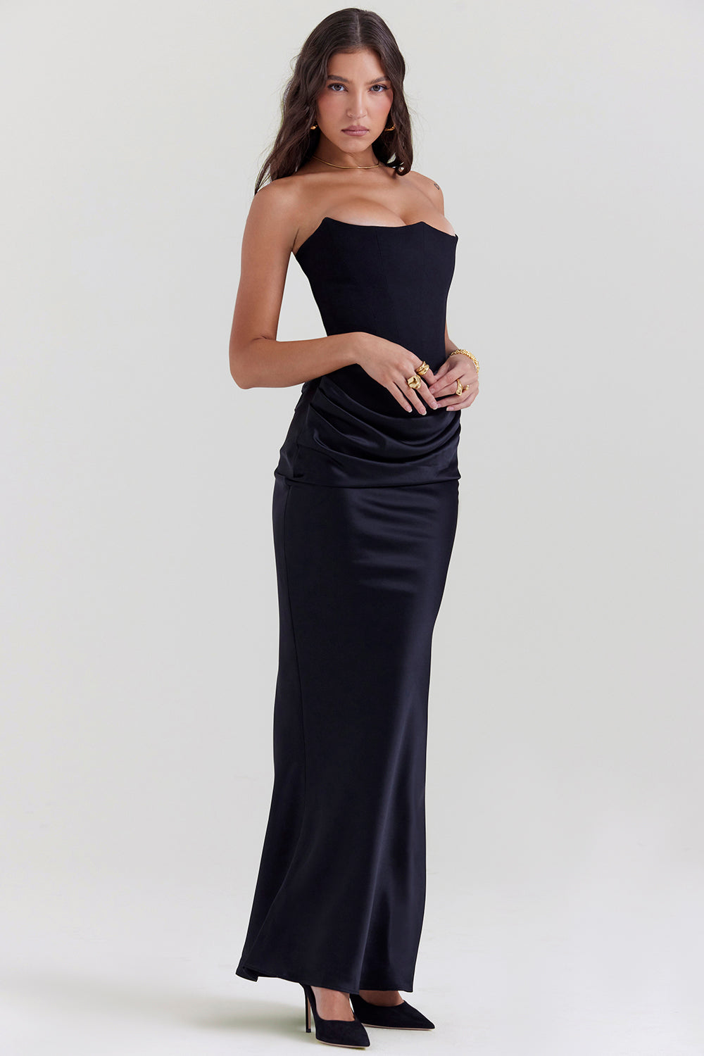 Women’s Strapless Maxi Dress – Satin – Slim Fit – Corset Bodice – Formal Evening Wear