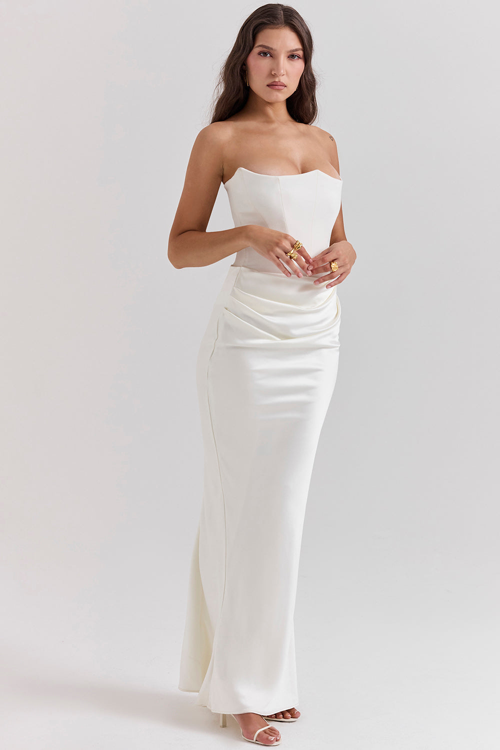 Women’s Strapless Maxi Dress – Satin – Slim Fit – Corset Bodice – Formal Evening Wear