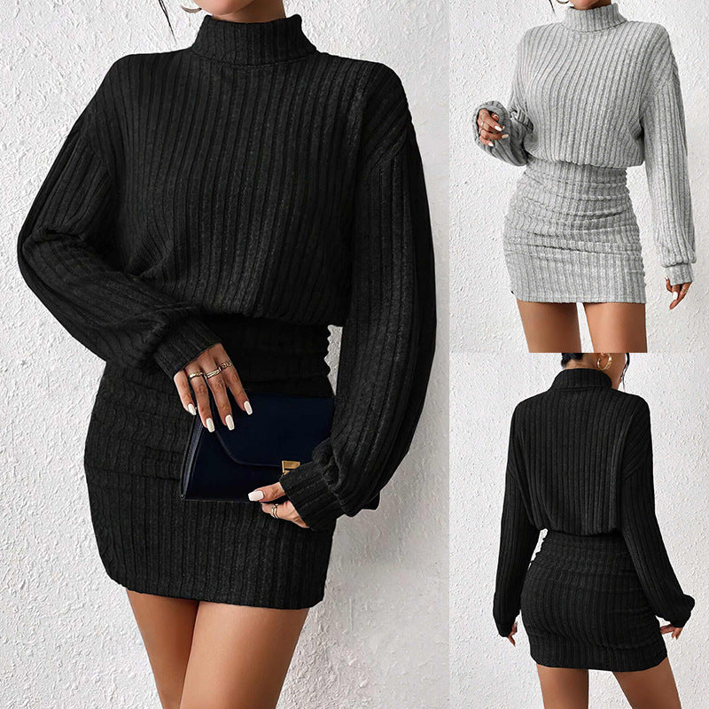 Ribbed winter turtleneck sweater dress for women