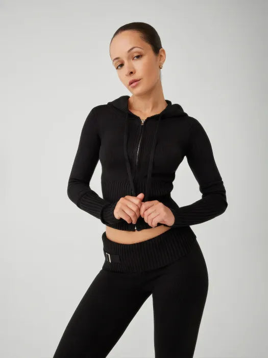 Women's cropped knitted hoodie and high waist trousers set