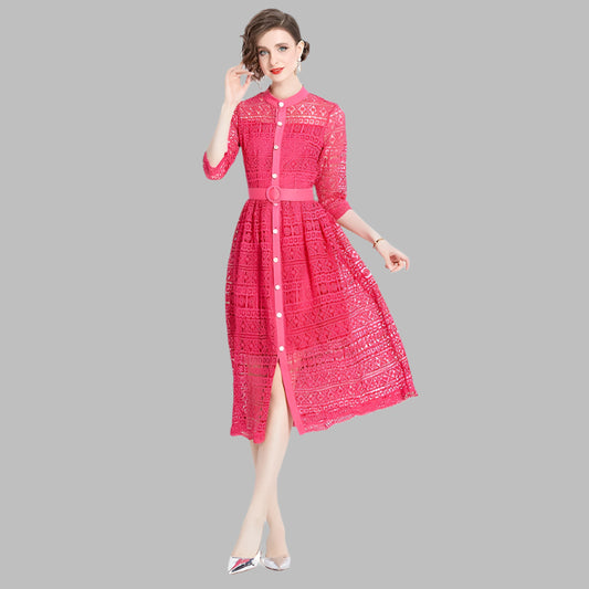 Lace Belted Waist Button Down Shirt Dress