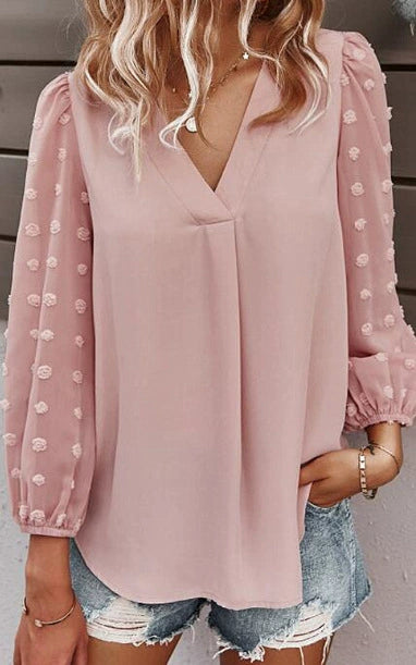 Women's Blouse - V-Neck - Sheer 3D Applique Sleeves - Relaxed Fit - Elegant Style