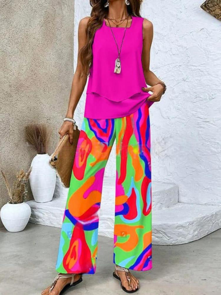 Women’s Two Piece Set – Sleeveless Layered Top – Wide Leg Floral Pants – Breathable Blend
