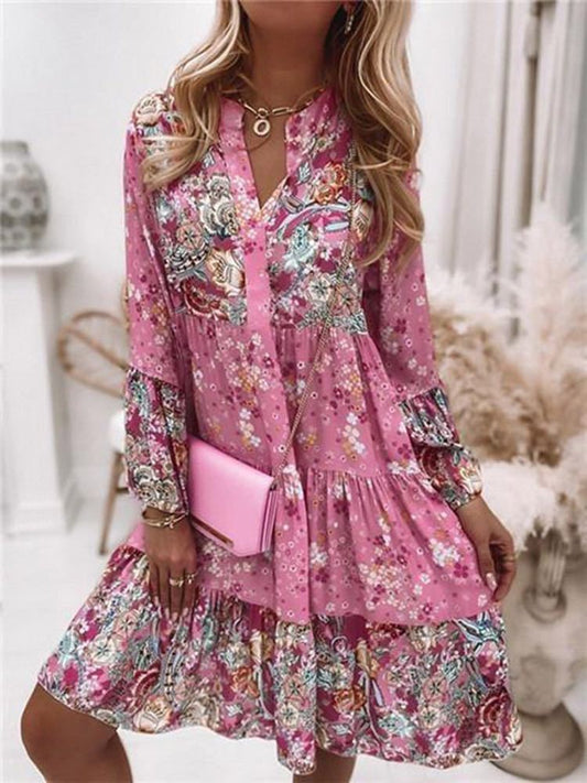 Floral Print Tiered Button-Up Bohemian Dress