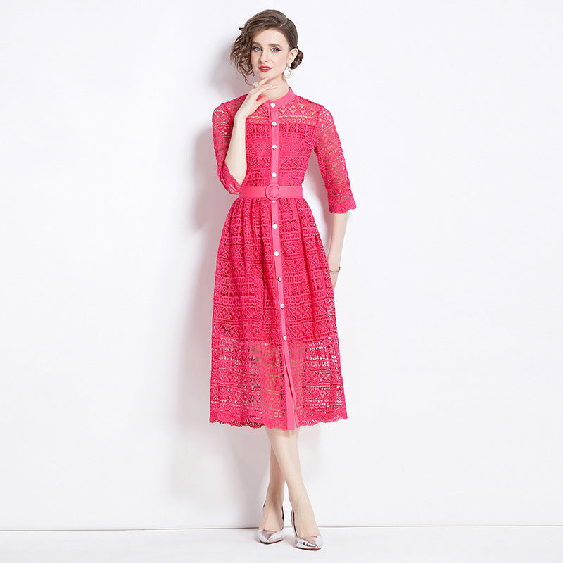 Women's Lace Shirt Dress - Button Down - Three-Quarter Sleeve - Belted Waist