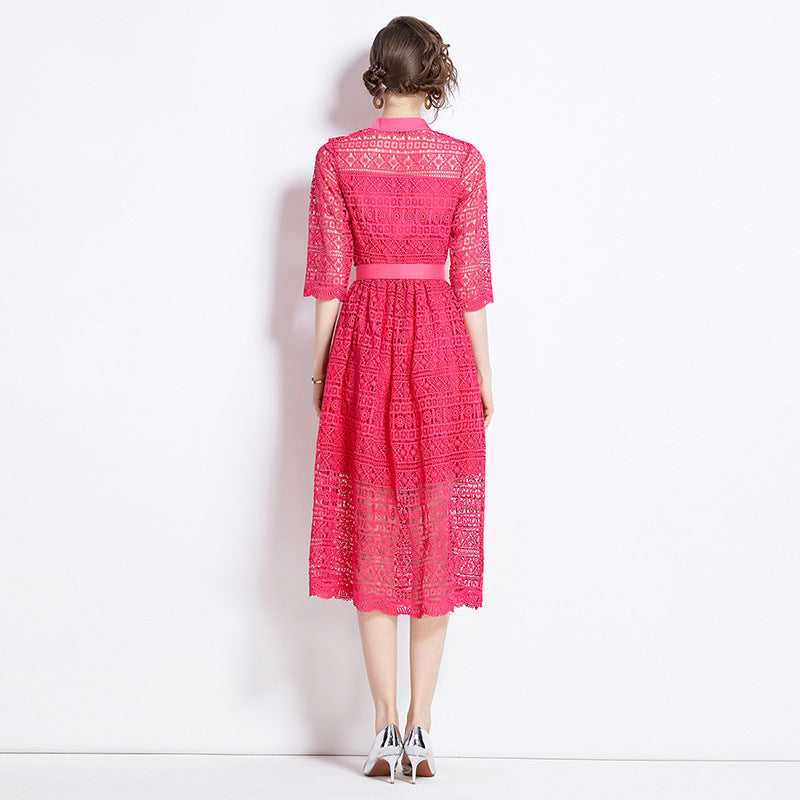 Women's Lace Shirt Dress - Button Down - Three-Quarter Sleeve - Belted Waist