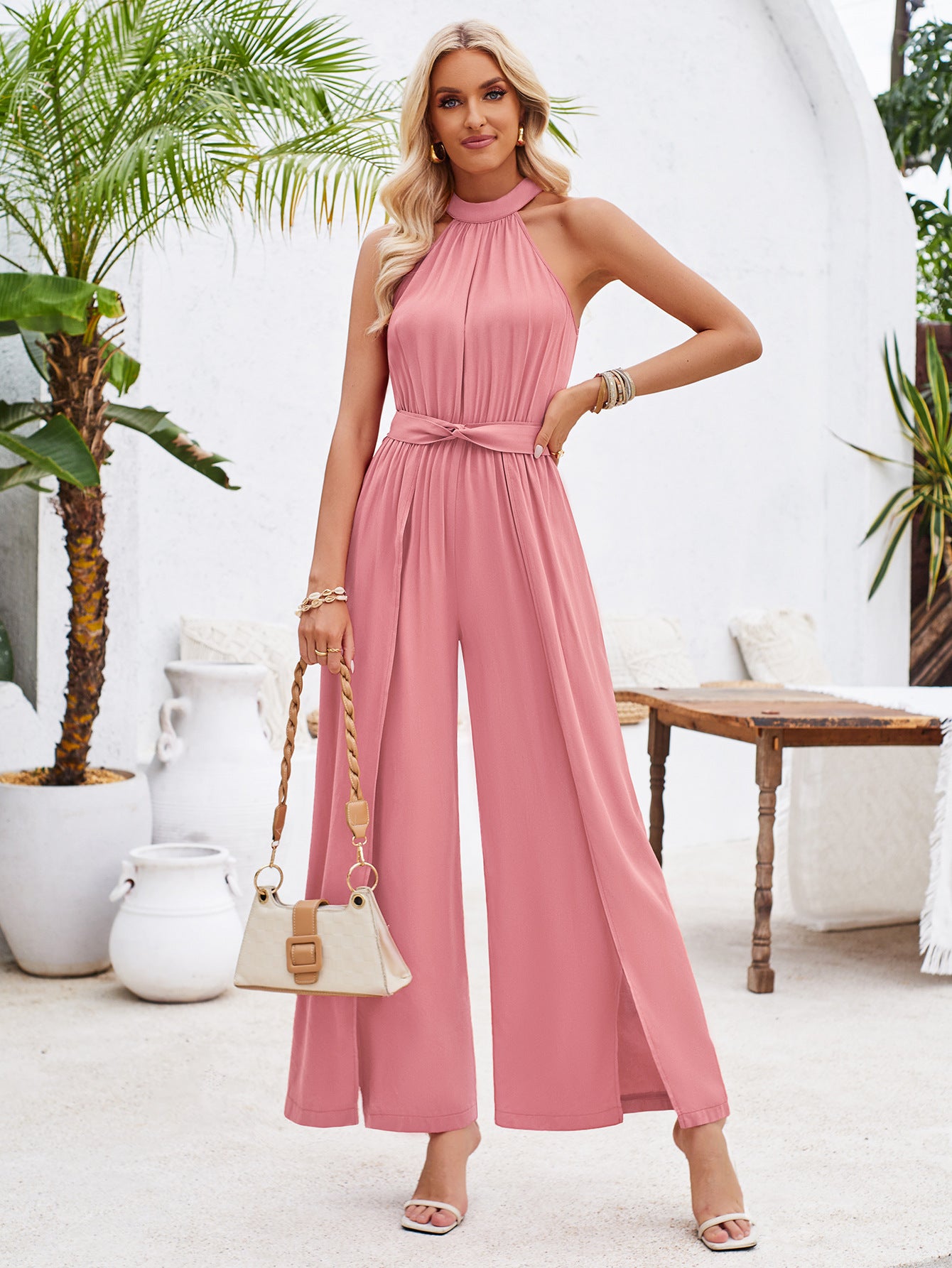 Women's Jumpsuit - Sleeveless Halter Neck - Tie Waist - Wide Leg Split Pants