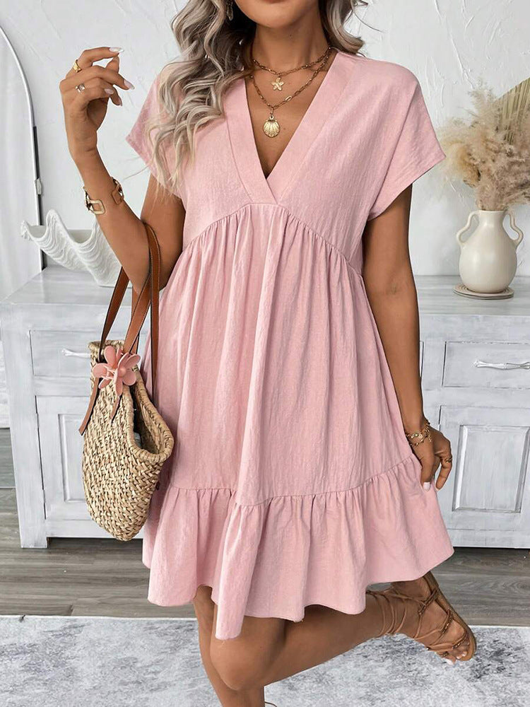 Women’s Short Dress – V-Neck Tie Front – Loose Fit – Lightweight Cotton – Casual Style