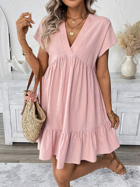 Lightweight Cotton Tie Front V-Neck Short Dress