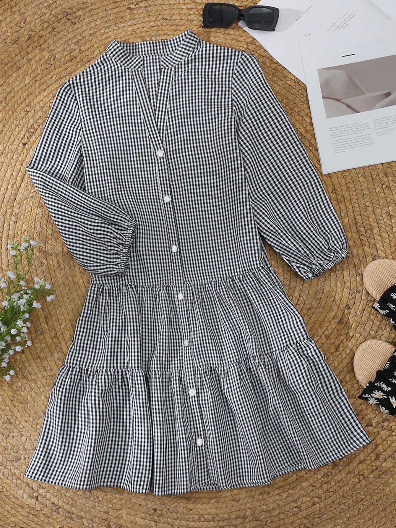Women's Gingham Dress - Button Down - V-Neck - Tiered A-Line - 3/4 Sleeve Casual Fit