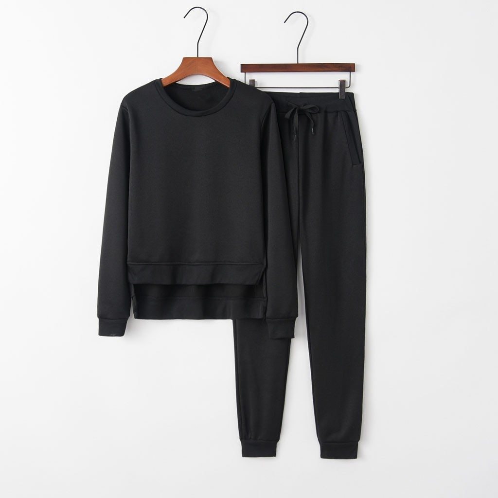 Women's irregular slit long sleeved pullover sweater set
