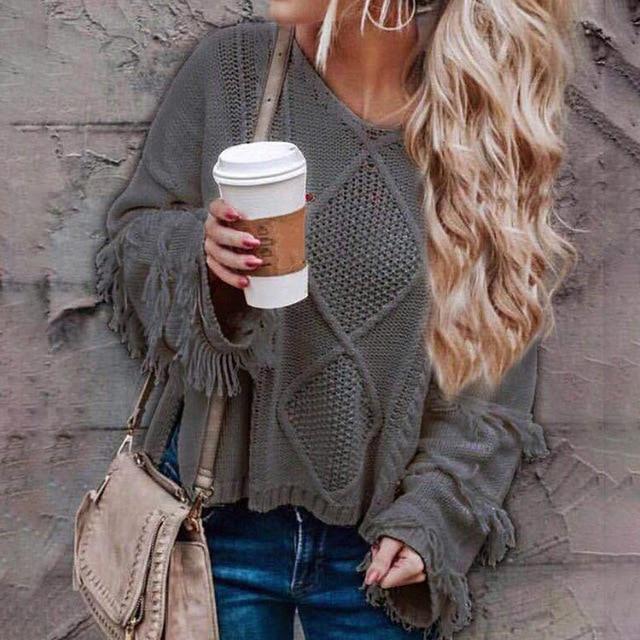 Women's round neck western fringe sweater