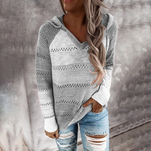 Women's long sleeve loose contrast color knitted sweater