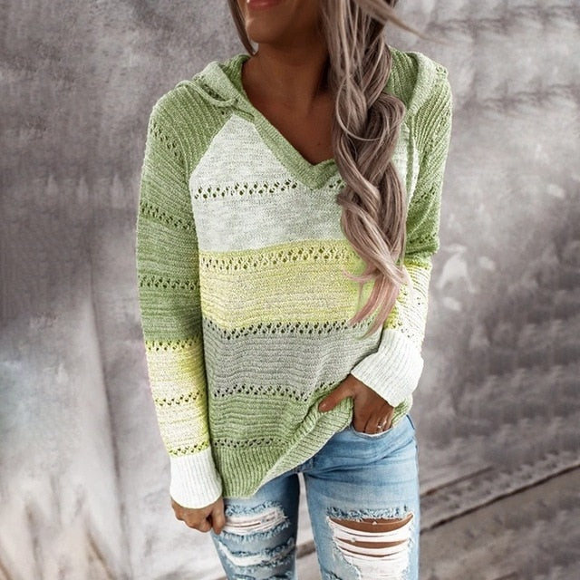 Women's long sleeve loose contrast color knitted sweater