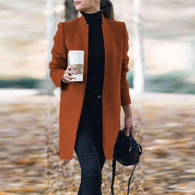 Women's solid color open lining slim long coat