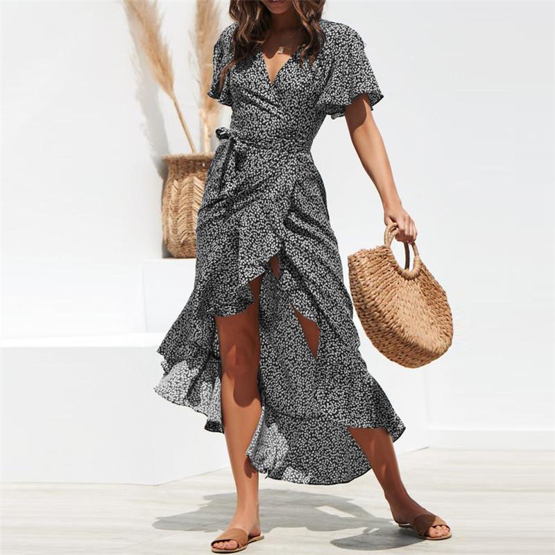 Women's Maxi Dress - Wrap V-Neck - Short Sleeve - High-Low Hem with Waist Tie