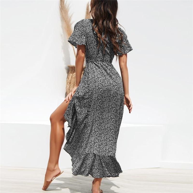 Women's Maxi Dress - Wrap V-Neck - Short Sleeve - High-Low Hem with Waist Tie