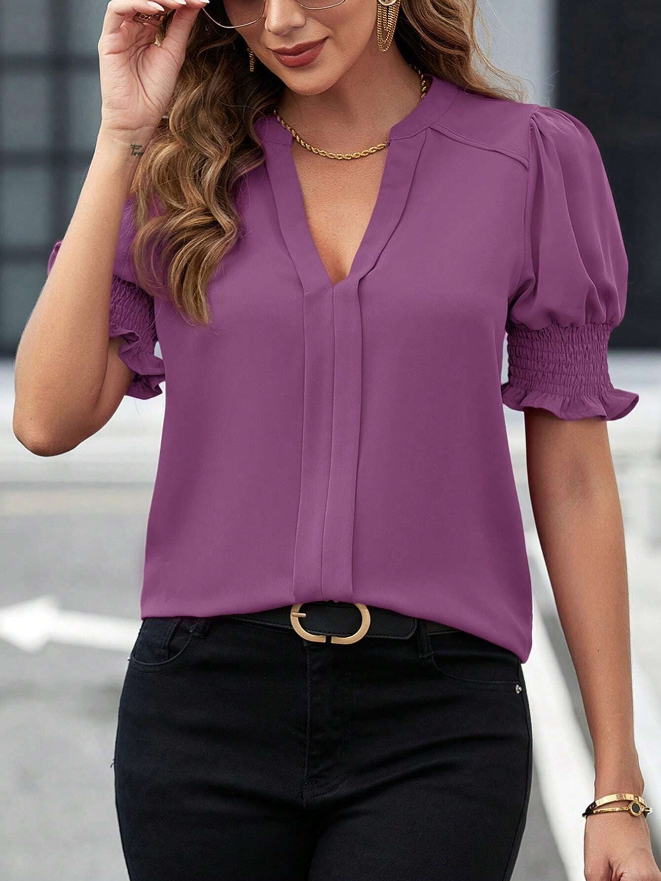 Women's Blouse - V-Neck - Short Ruched Sleeves - Relaxed Fit - Versatile Casual Wear