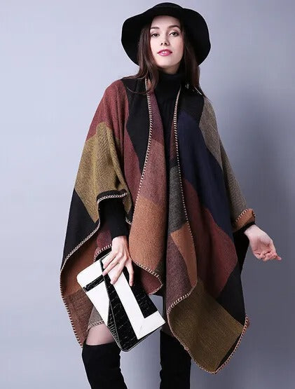 Women's plaid ethnic shawl thickened cape scarf