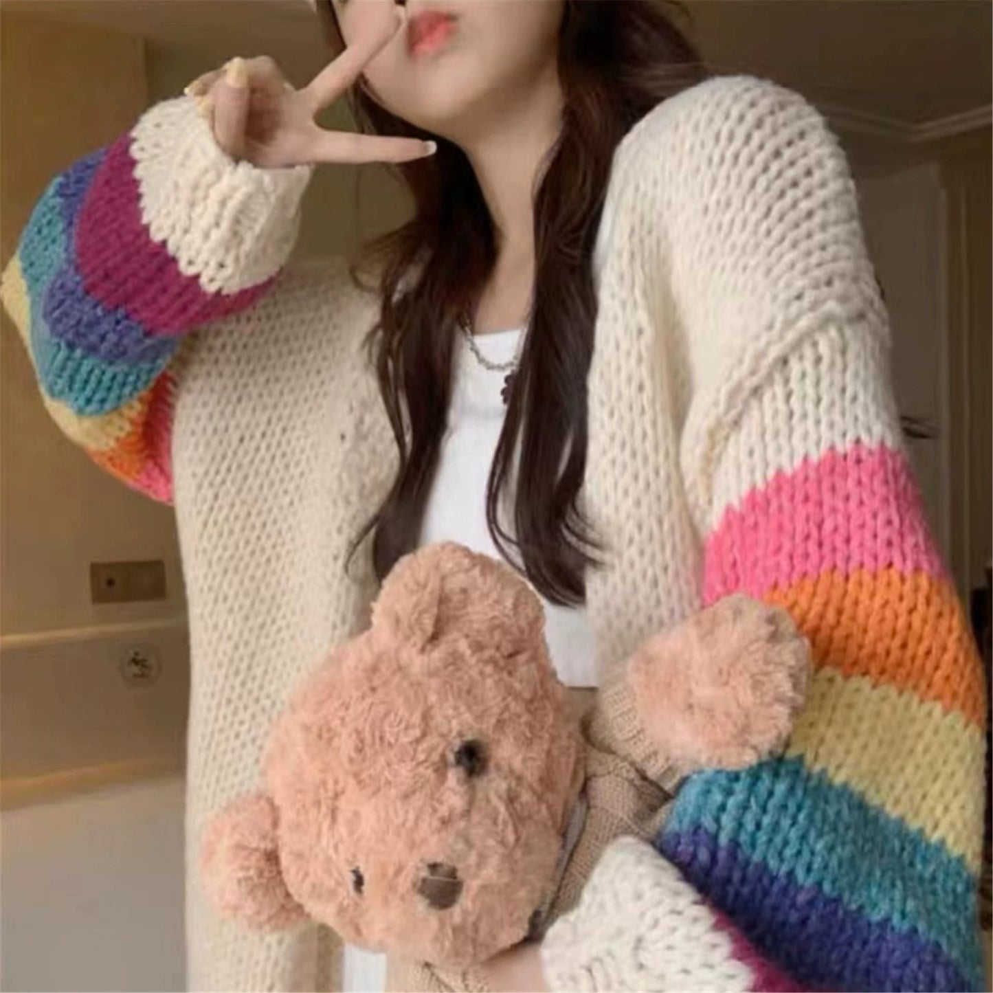 Women's rainbow color knitted cardigan