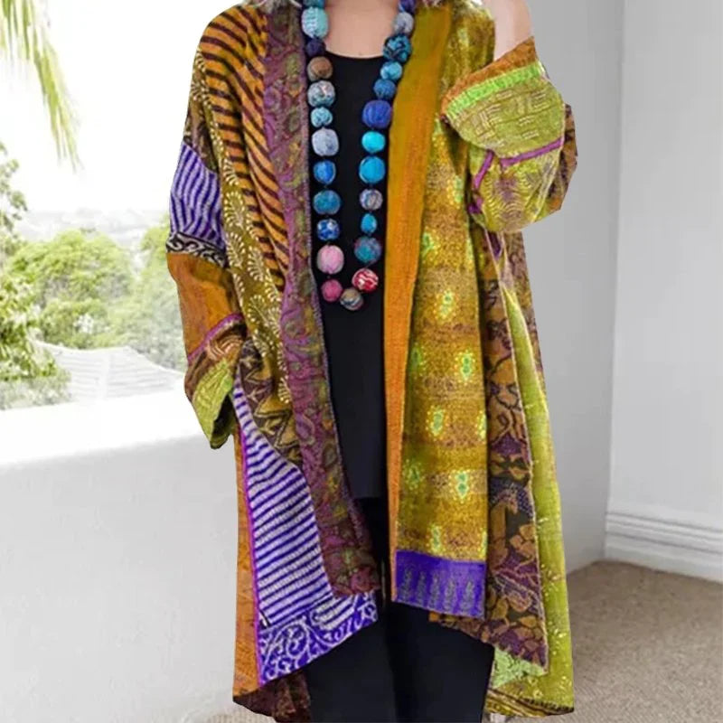 Women's Bohemian Cardigan - Lightweight Open Front - Relaxed Fit Patchwork Design