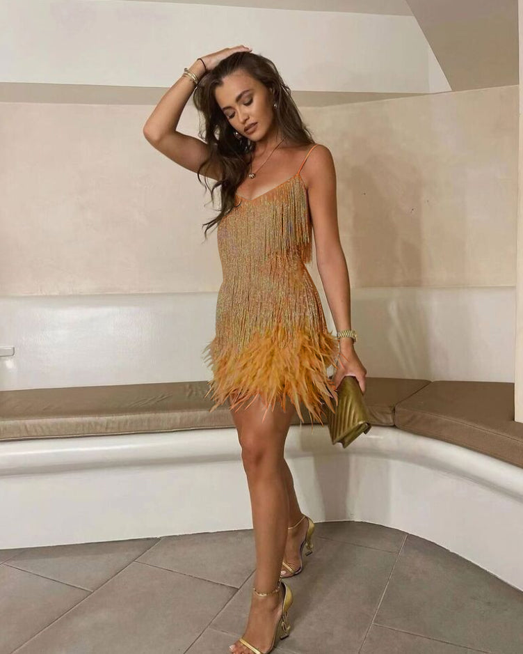 Women’s Mini Dress - Sleeveless Spaghetti Strap - Fringe Detailing - Feather Hem