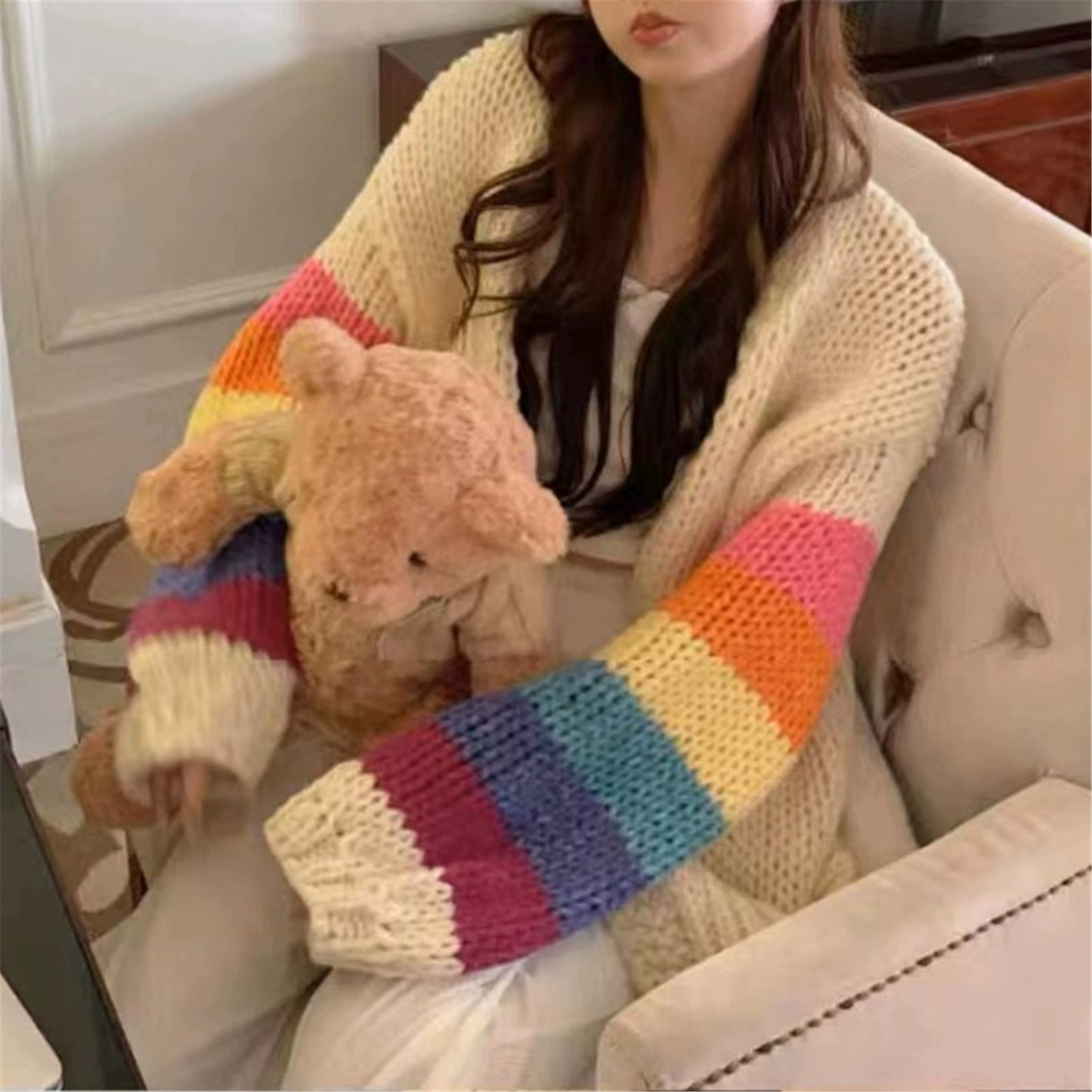 Women's rainbow color knitted cardigan