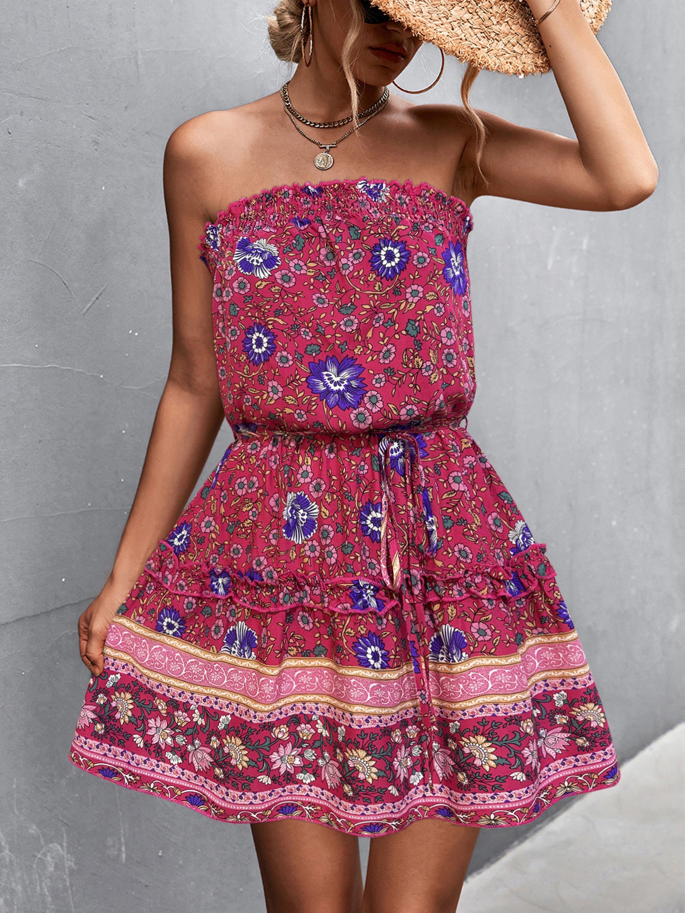 Women's Strapless Sundress - Floral Print - Cinched Waist - Flowy Casual Dress
