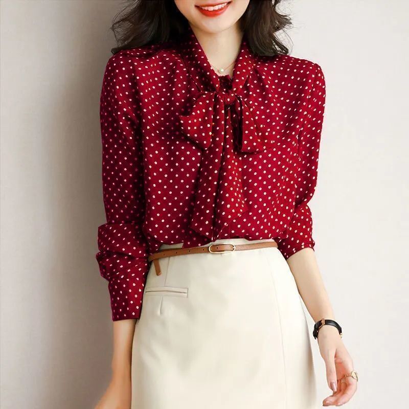 Polka Dot - Long Sleeve - Bow Tie Neck Blouse