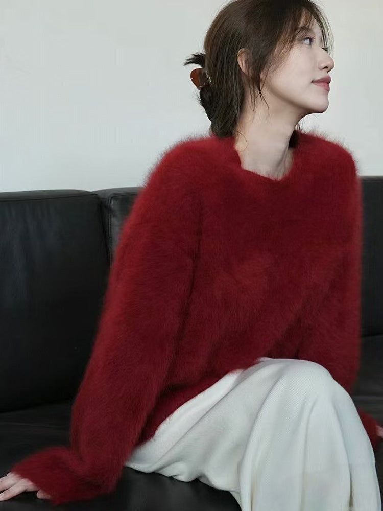 Women's round neck soft fuzzy sweater