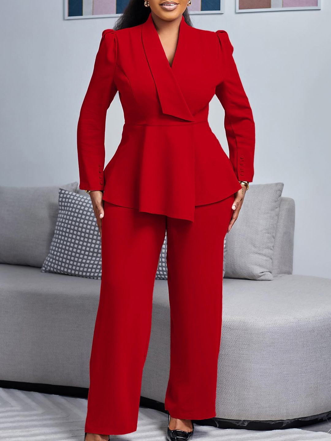 Women’s Pantsuit Set – Peplum Blazer with Shawl Collar – Wide-Leg High-Waist Trousers