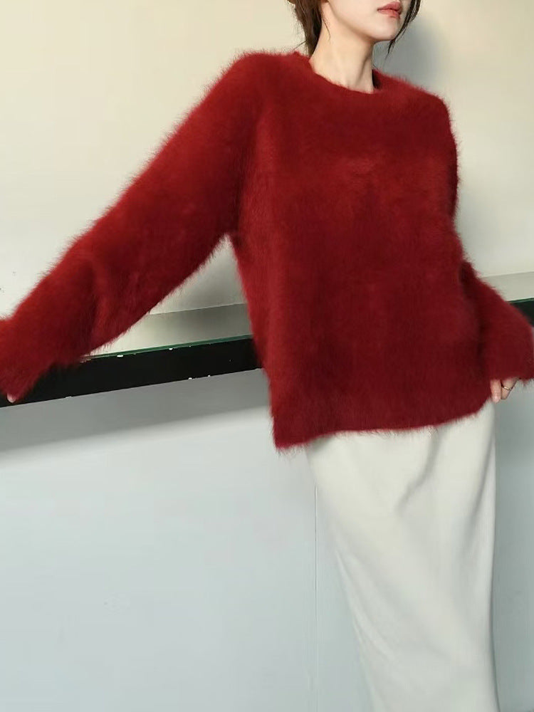 Women's round neck soft fuzzy sweater