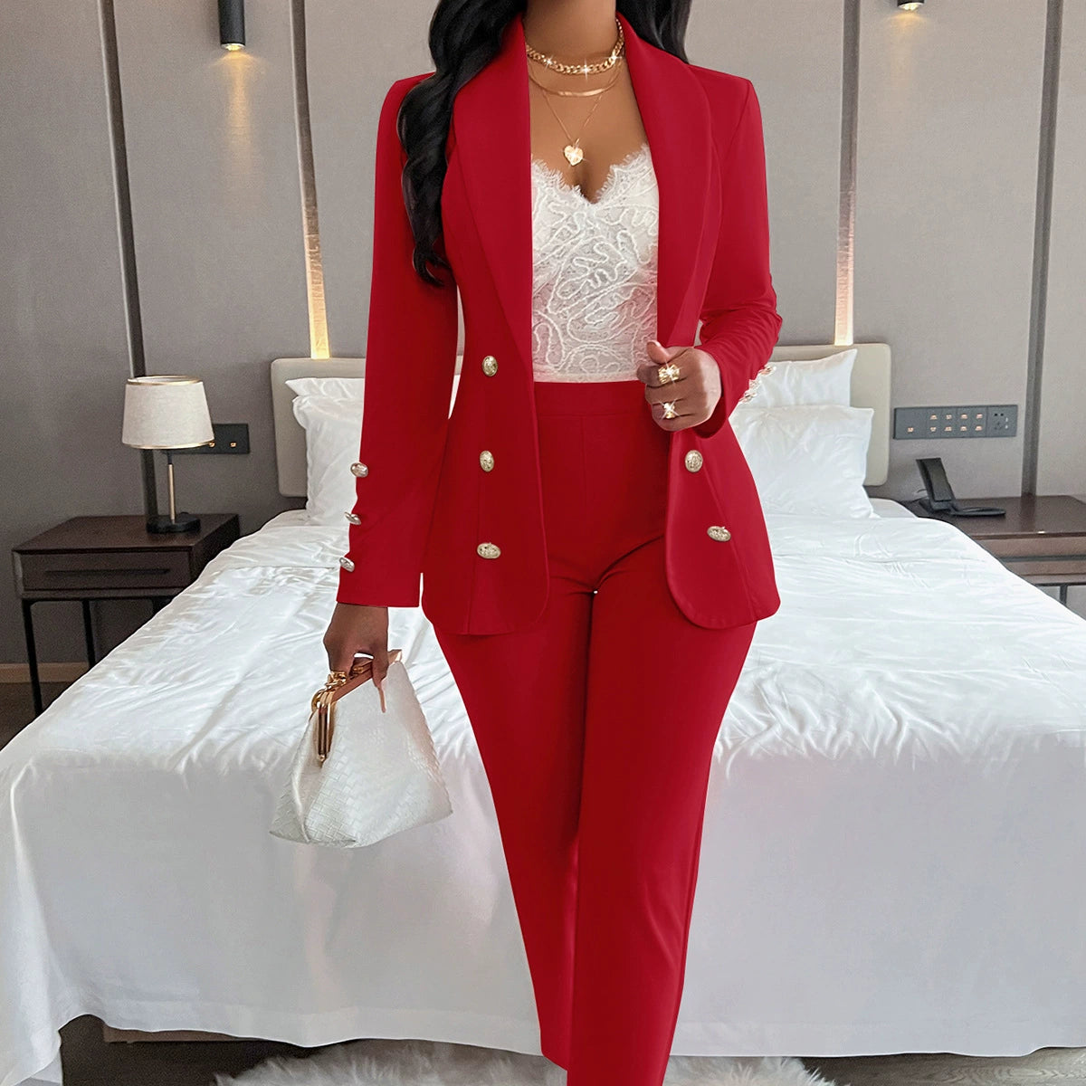 Women’s Pantsuit - Tailored Fit Blazer with Metal Buttons - High-Waisted Straight-Leg Trousers