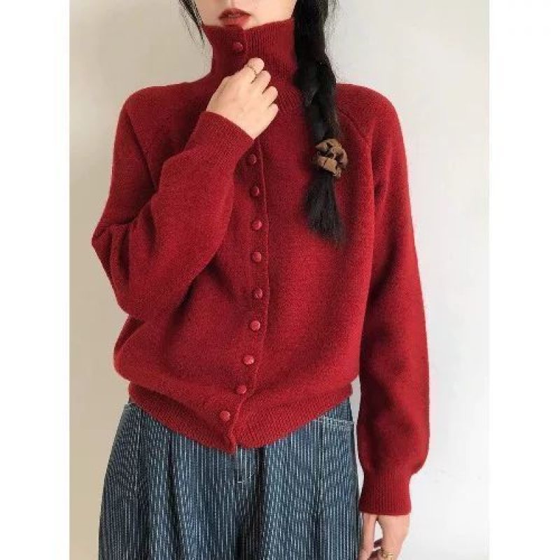 Button-Up High-Neck Knit Sweater