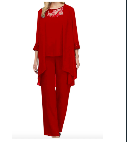 Women’s Three-Piece Ensemble - Relaxed Fit - Lace Detail - Wide-Leg Pants - Lightweight Fabric