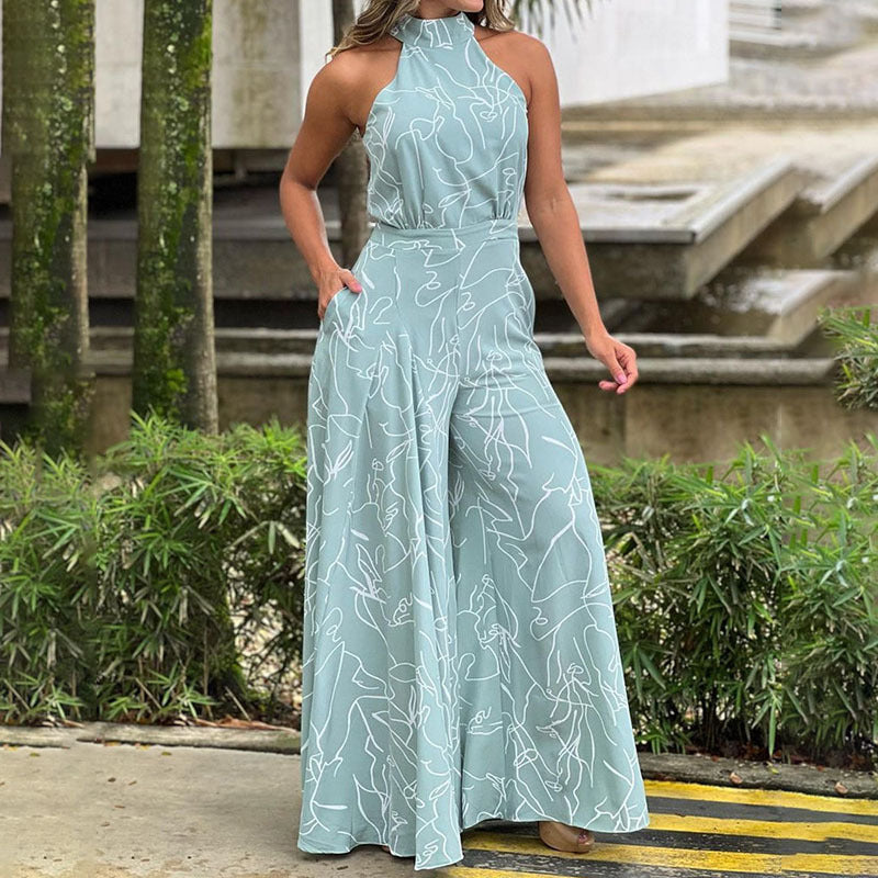 Women's Halter Neck Jumpsuit - Wide Leg - Abstract Print - Elegant Flowy Fit